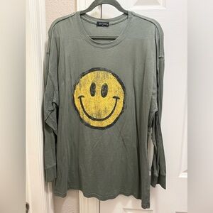 Olive Long Sleeve Top with Yellow Smiley